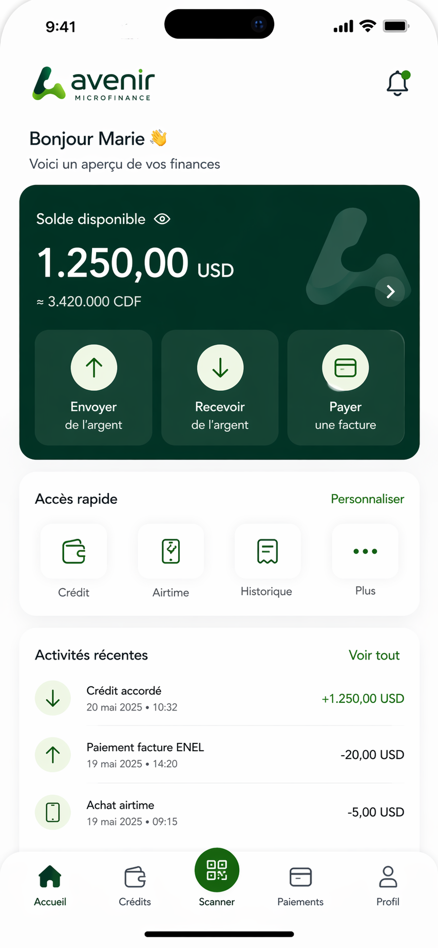 Avenir App Screen