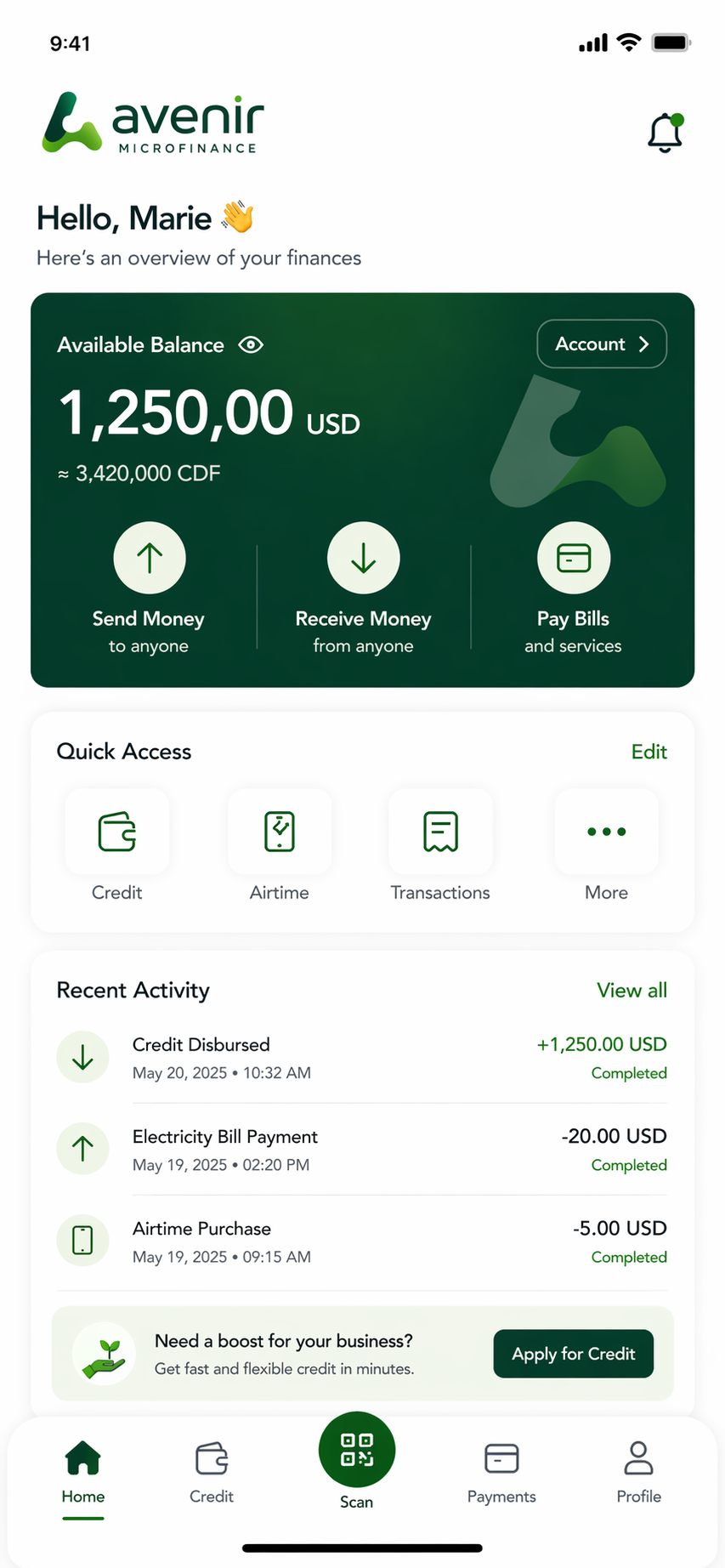 Avenir App Home Screen